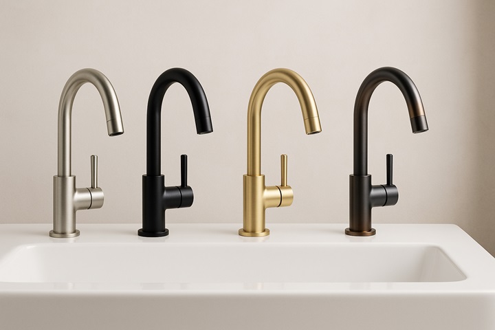 Commercial touchless faucet finishes on a modern basin